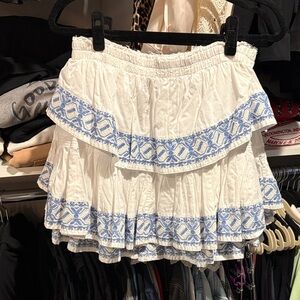 LoveShackFancy Tiered White Skirt with Blue Embroidered Trim